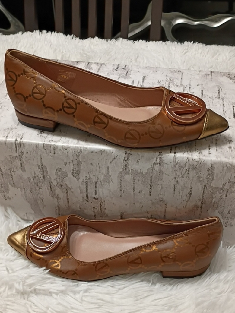 Women's Valentino Logo-Patterned Pointed Toe Flats,Rosa Brown Rose Gold Accent